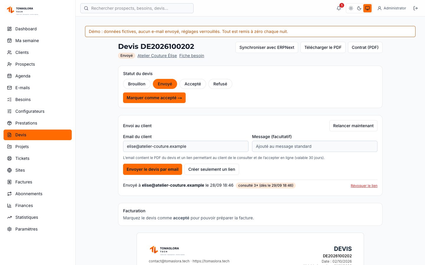 Devis envoyé par e-mail, suivi des ouvertures, acceptation en ligne