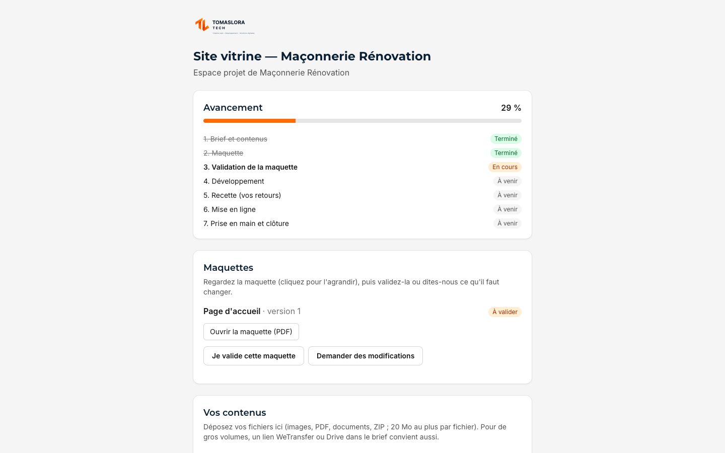 Espace client : avancement et validation des maquettes