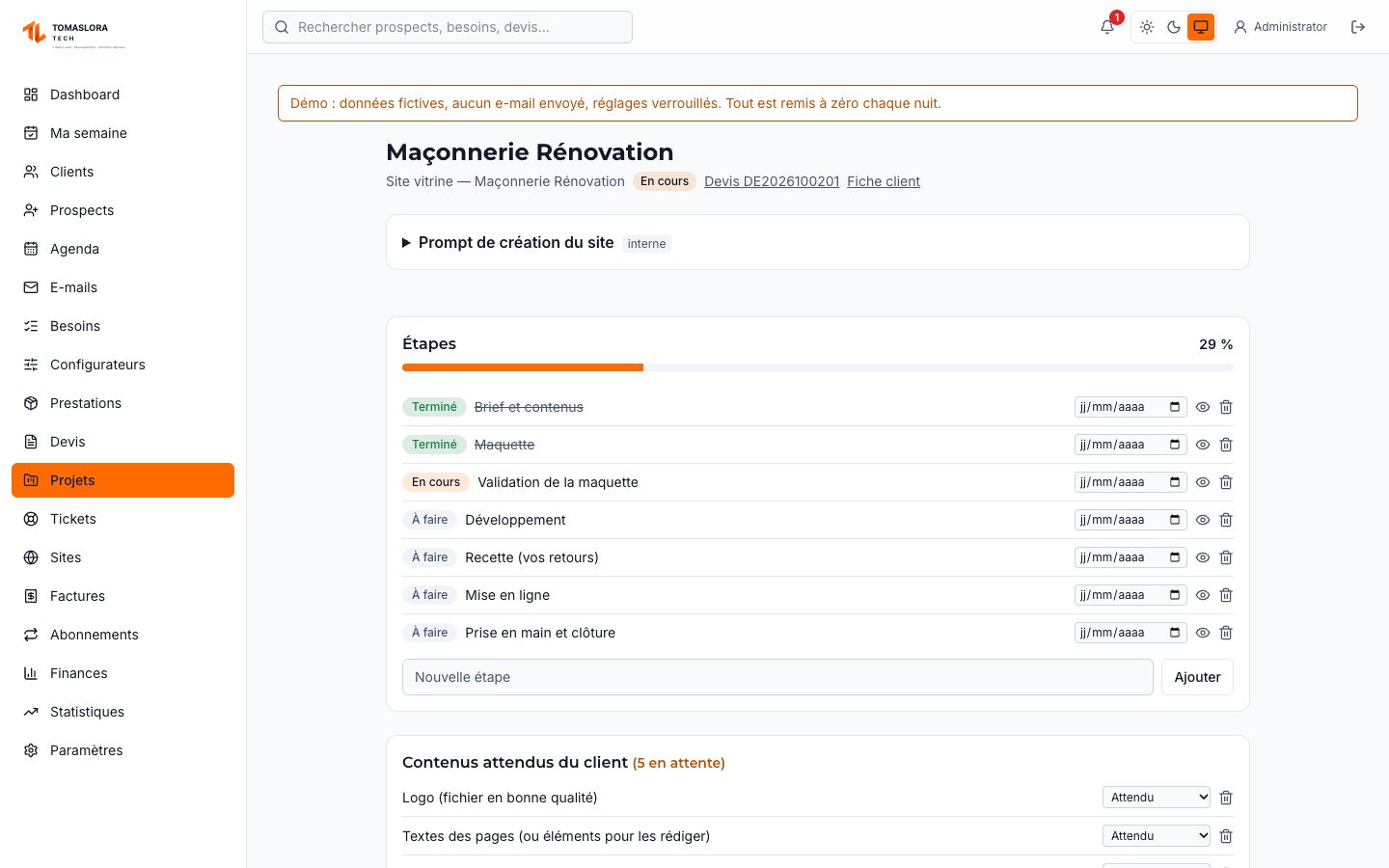 Suivi de projet : étapes, contenus, fichiers, temps passé