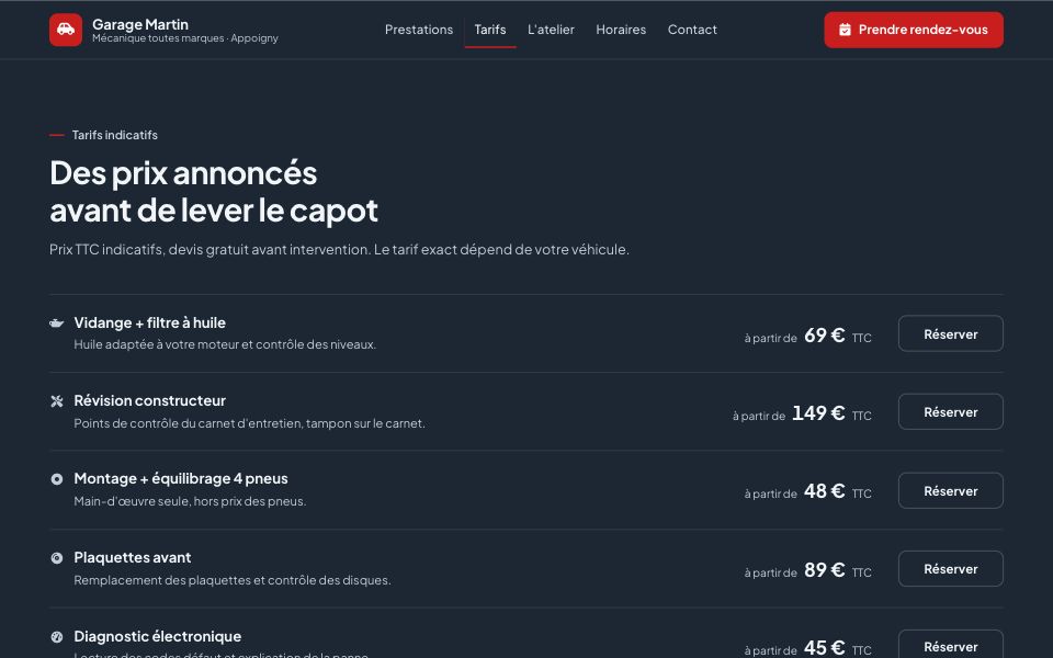 Tarifs indicatifs et réservation