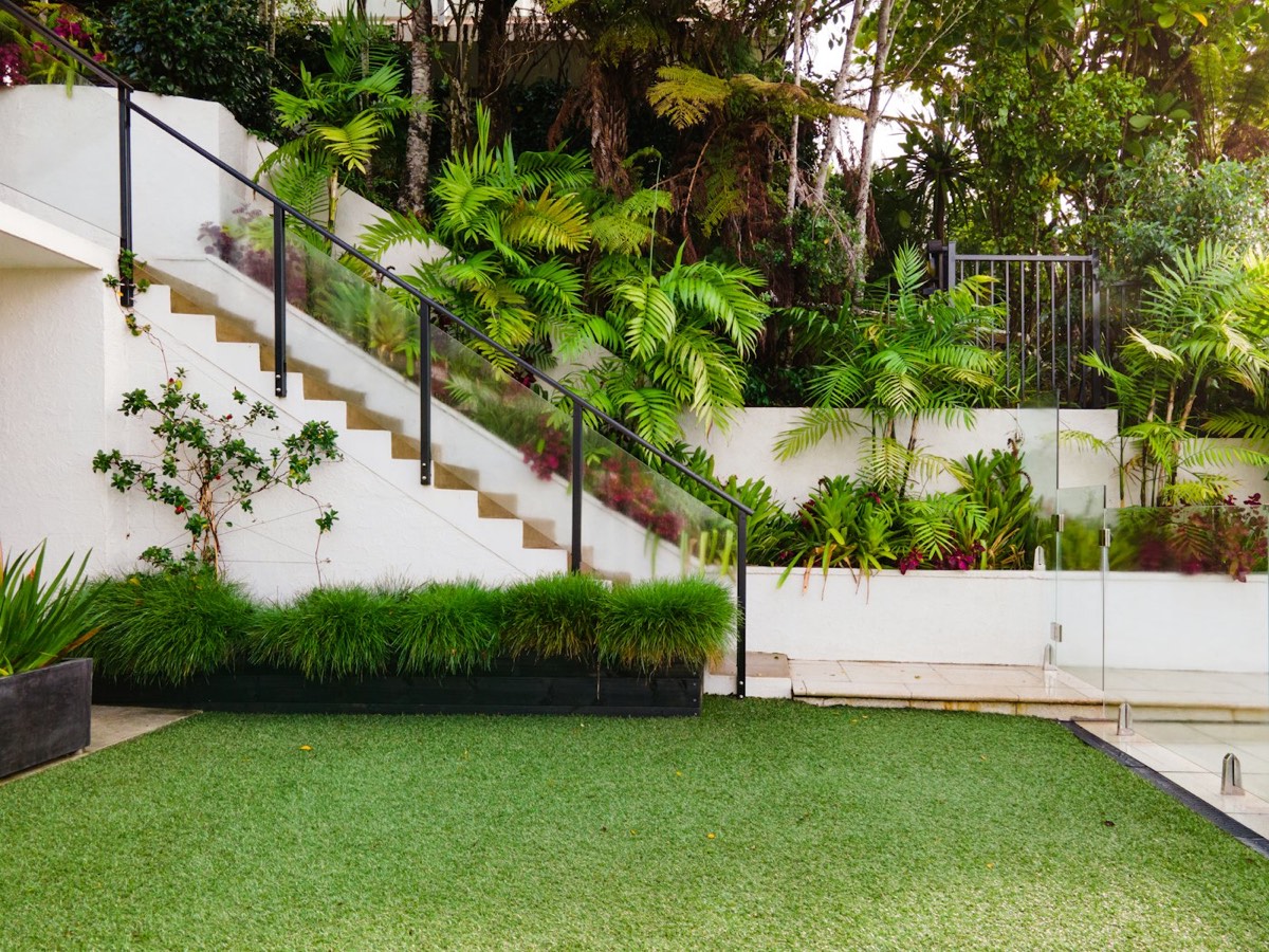 Après : pelouse tondue, massifs dégagés et escalier de jardin accessible